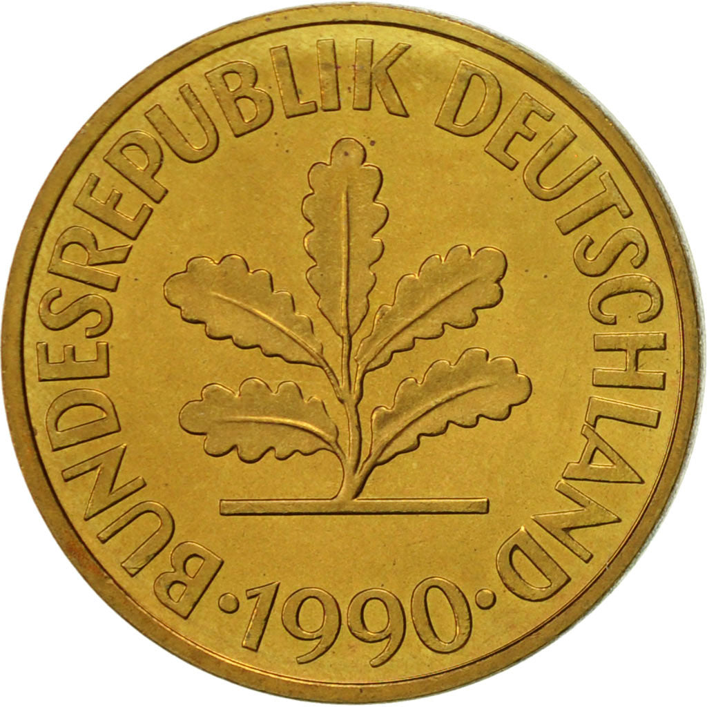 Coin, GERMANY - FEDERAL REPUBLIC, 10 Pfennig, 1990, Munich, EF(40-45), Brass