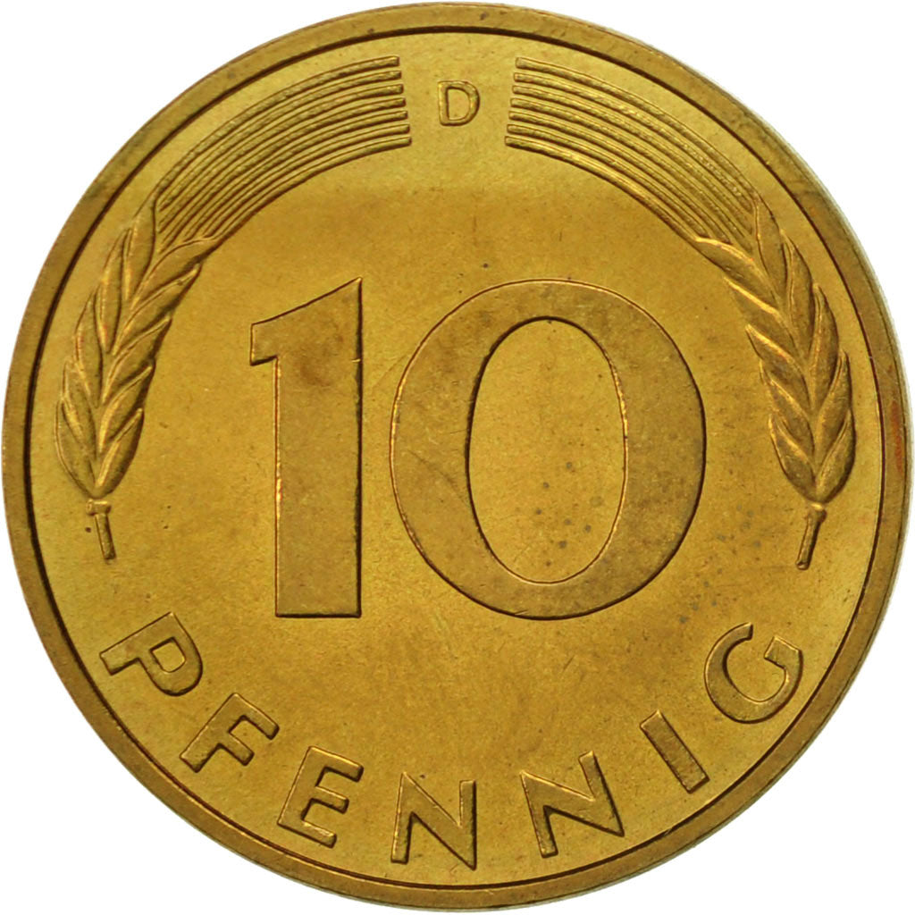 Coin, GERMANY - FEDERAL REPUBLIC, 10 Pfennig, 1990, Munich, EF(40-45), Brass