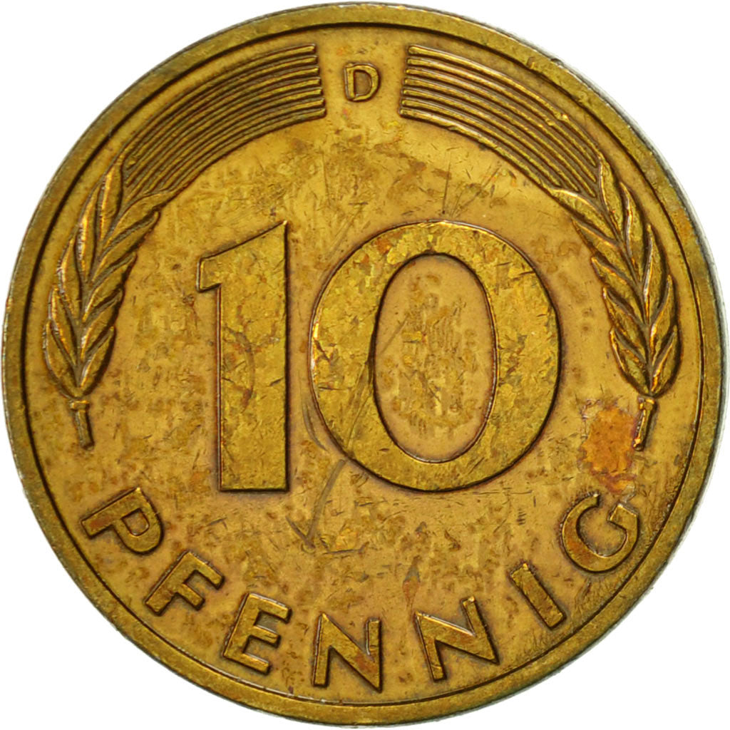 Coin, GERMANY - FEDERAL REPUBLIC, 10 Pfennig, 1980, Munich, EF(40-45), Brass