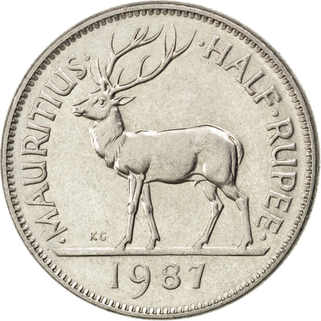 Coin, Mauritius, 1/2 Rupee, 1987, AU(55-58), Nickel plated steel, KM:54