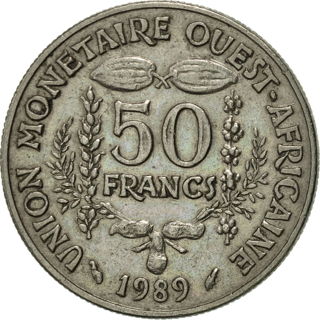 Coin, West African States, 50 Francs, 1989, Paris, AU(50-53), Copper-nickel