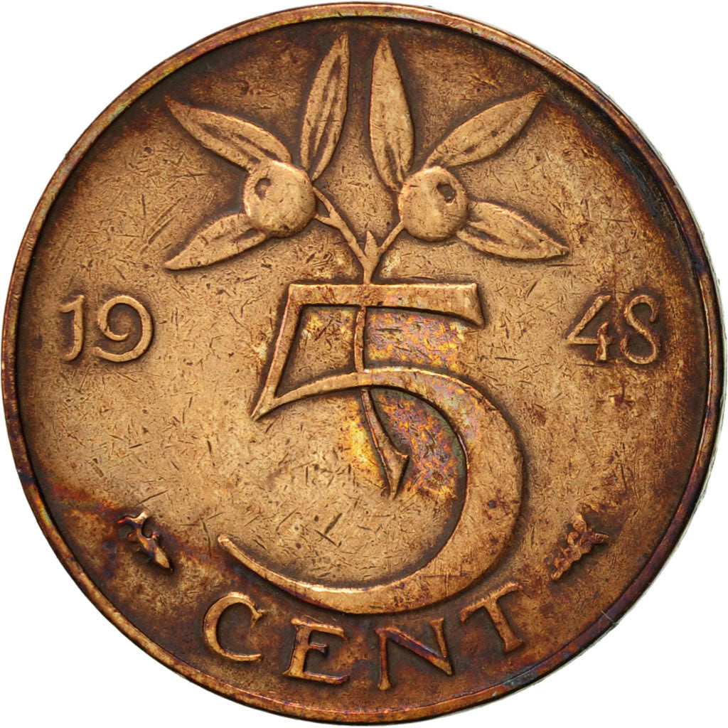 Coin, Netherlands, Wilhelmina I, 5 Cents, 1948, EF(40-45), Bronze, KM:176