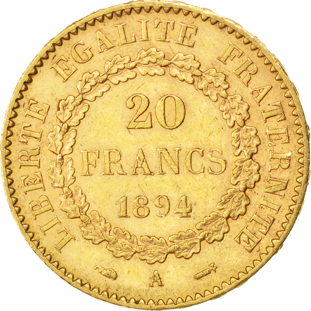 FRANCE, Génie, 20 Francs, 1894, Paris, KM #825, AU(55-58), Gold, Gadoury #1063,
