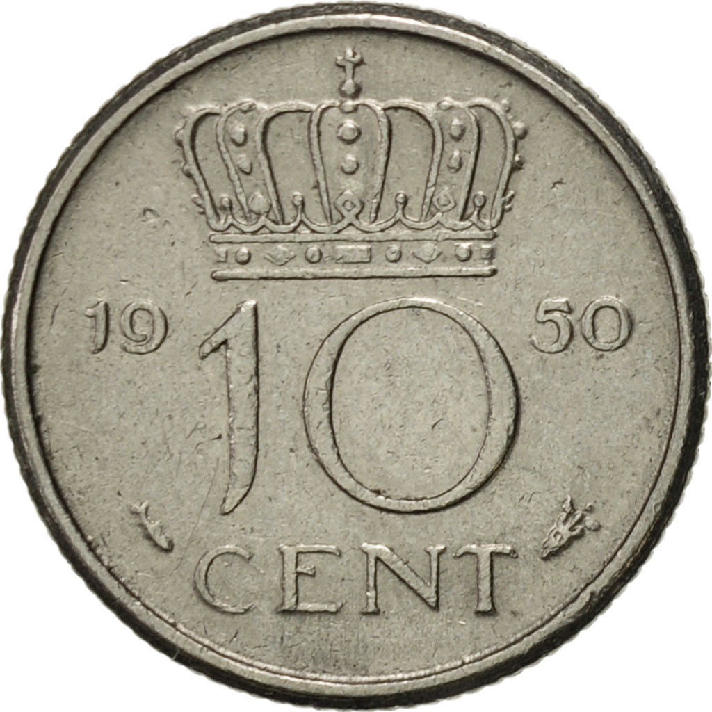 Coin, Netherlands, Juliana, 10 Cents, 1950, AU(55-58), Nickel, KM:182