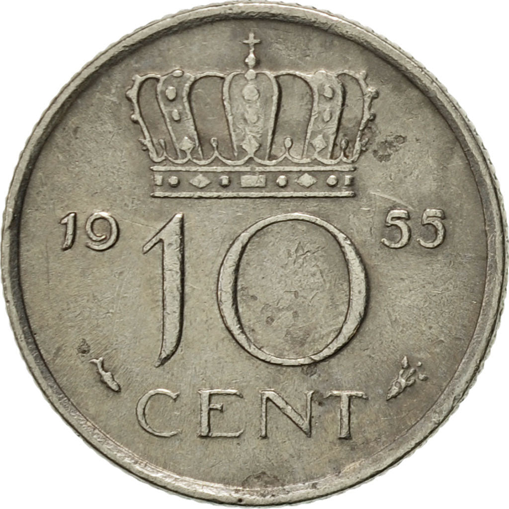 Coin, Netherlands, Juliana, 10 Cents, 1955, AU(55-58), Nickel, KM:182