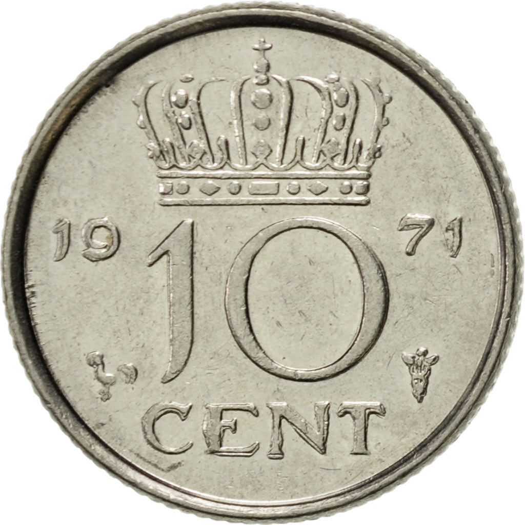 Coin, Netherlands, Juliana, 10 Cents, 1971, AU(55-58), Nickel, KM:182