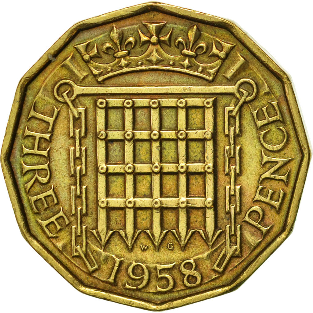 Coin, Great Britain, Elizabeth II, 3 Pence, 1958, AU(50-53), Nickel-brass