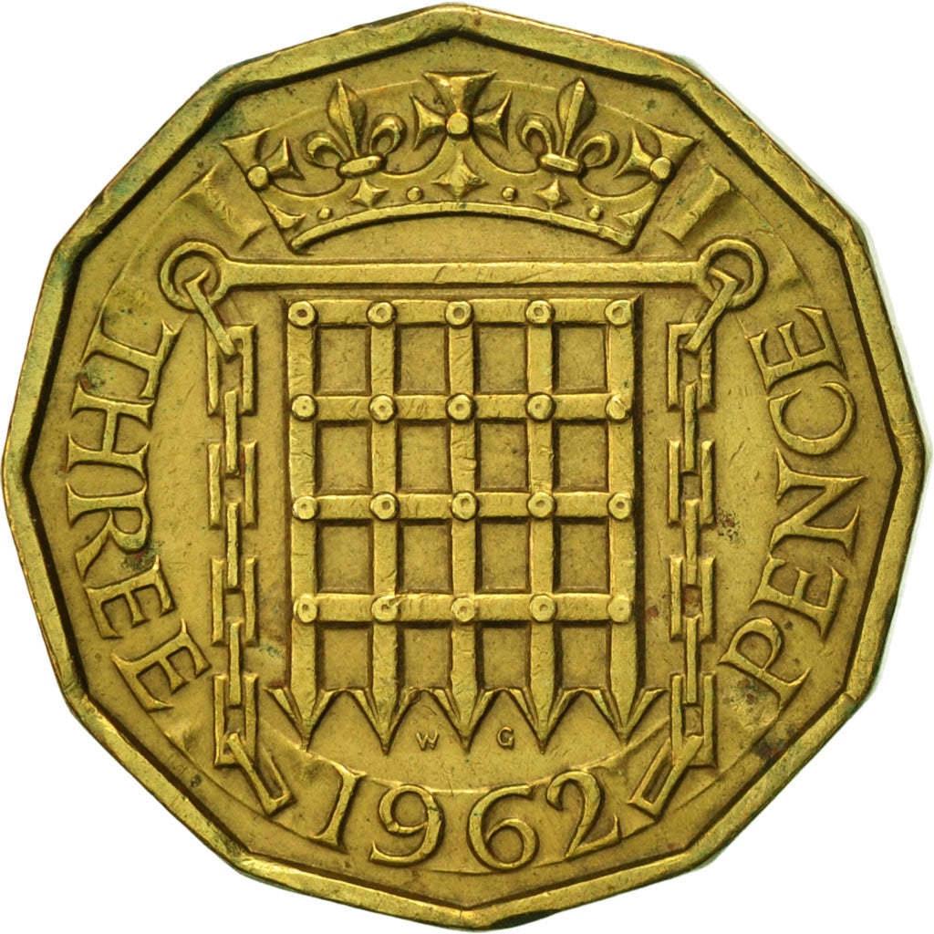 Coin, Great Britain, Elizabeth II, 3 Pence, 1962, AU(50-53), Nickel-brass