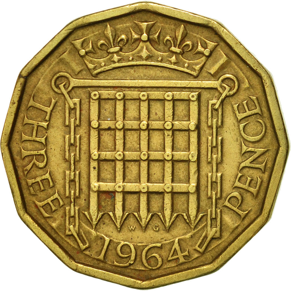 Coin, Great Britain, Elizabeth II, 3 Pence, 1964, AU(50-53), Nickel-brass