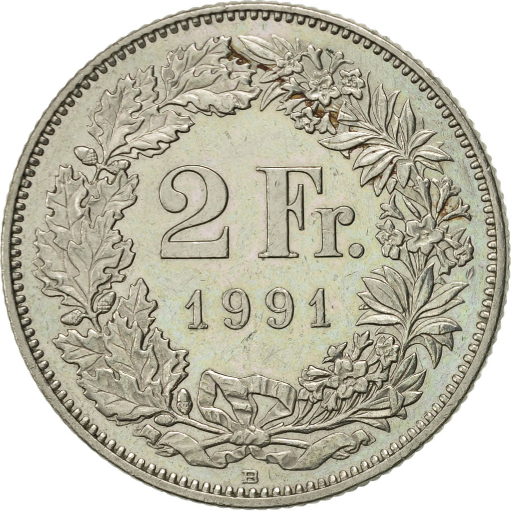Coin, Switzerland, 2 Francs, 1991, Bern, AU(55-58), Copper-nickel, KM:21a.3