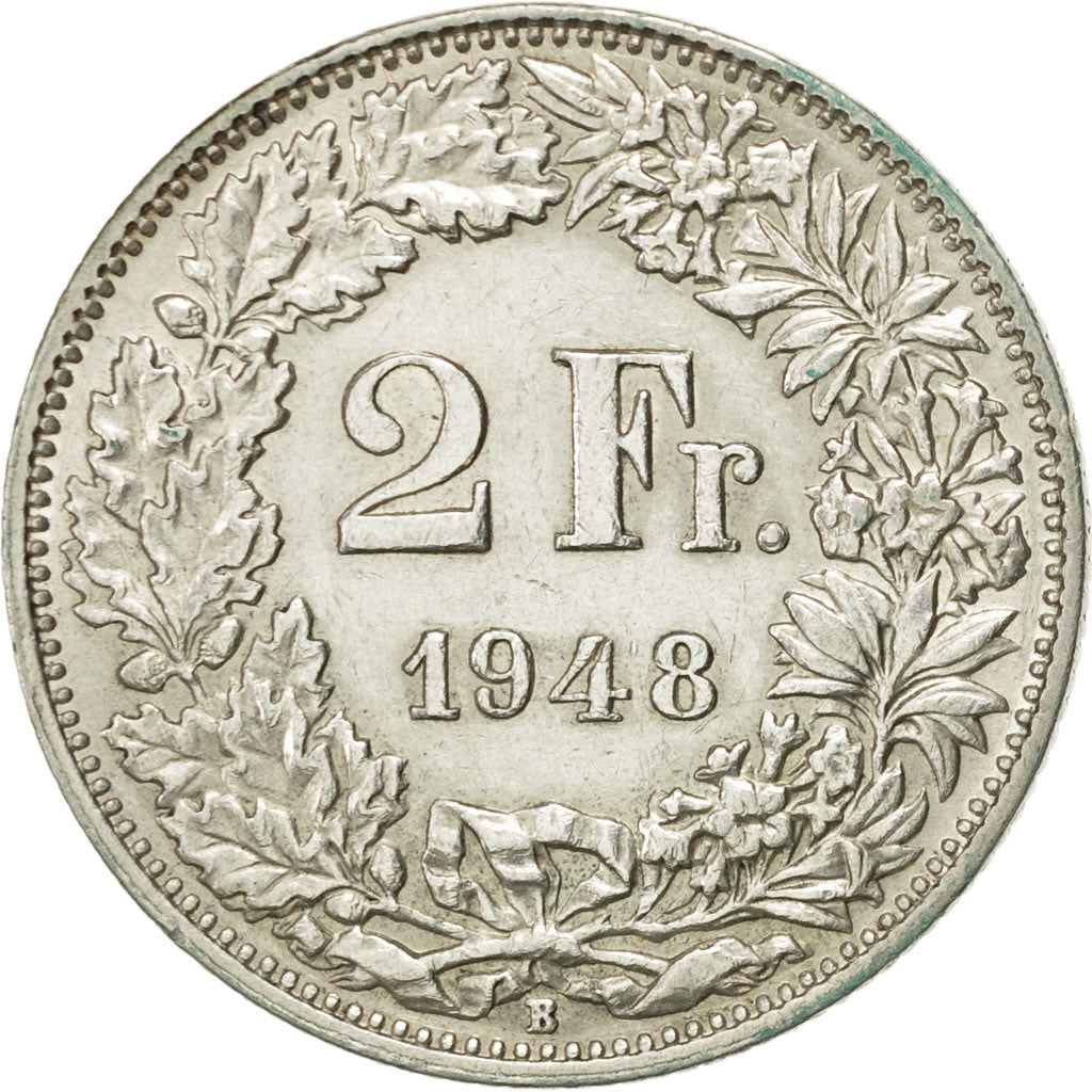 Coin, Switzerland, 2 Francs, 1948, Bern, AU(55-58), Silver, KM:21