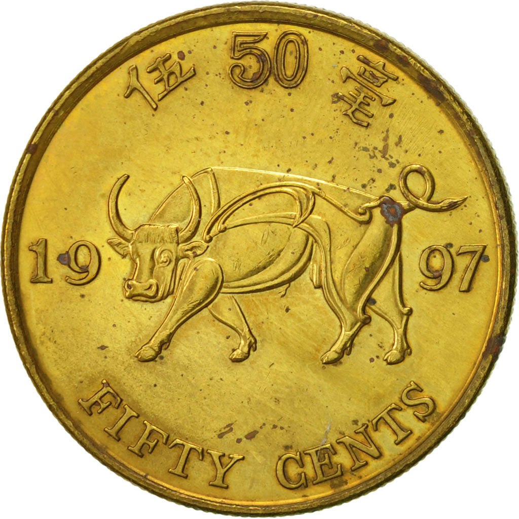 Hong Kong, 50 Cents, 1997, AU(50-53), Brass plated steel, KM:74