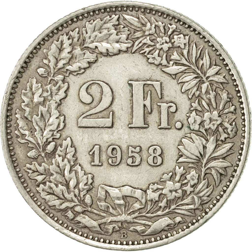 Coin, Switzerland, 2 Francs, 1958, Bern, AU(50-53), Silver, KM:21
