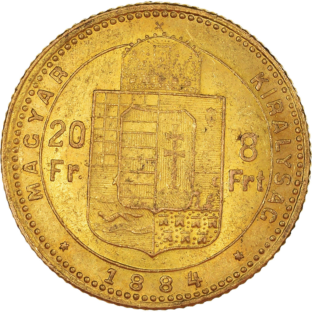 Moneda, Hungría, Franz Joseph I, 8 Forint 20 Francs, 1884, Kremnitz, EBC, Oro