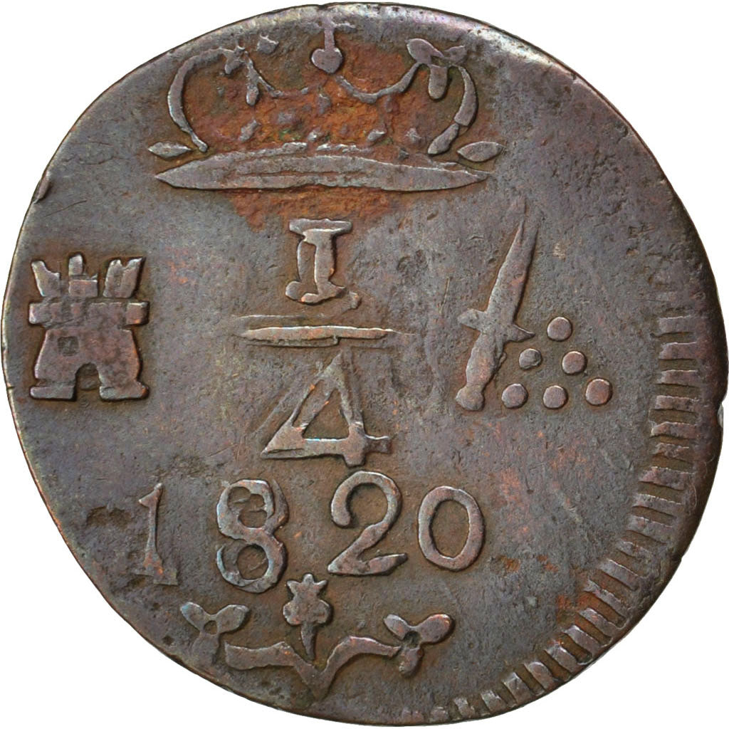 COLOMBIA, 1/4 Real, 1820, KM #B4, AU(55-58), Copper, 4.19