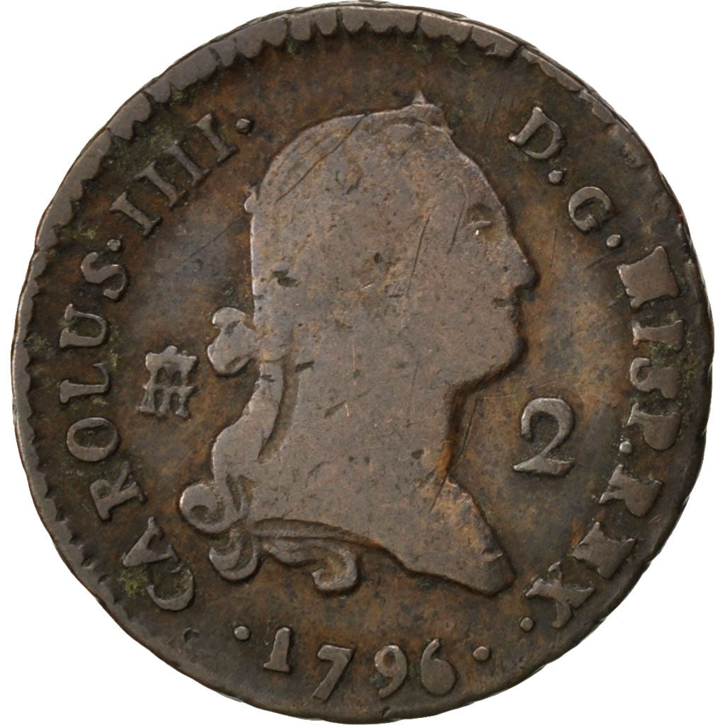Spain, 2 Maravedis, 1796, Ségovie, KM #426, EF(40-45), Copper, 2.43