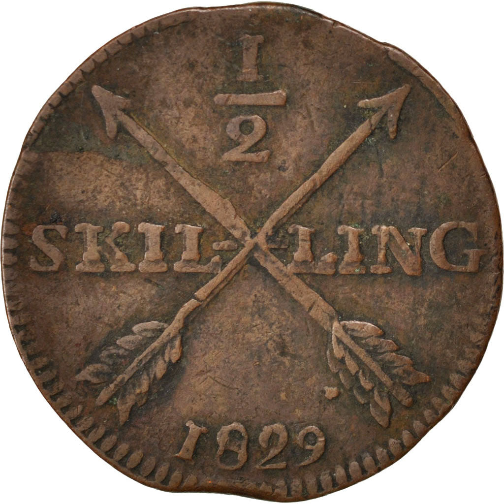 SWEDEN, 1/2 Skilling, 1829, KM #596, EF(40-45), Copper, 29.35-30.5, 7.82
