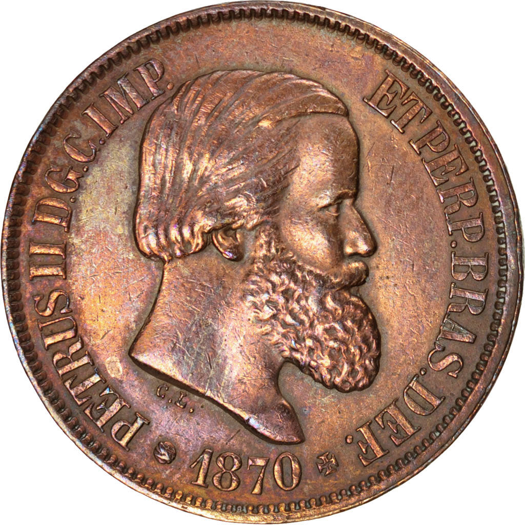 BRAZIL, 20 Reis, 1870, KM #474, AU(50-53), Bronze, 25.39, 6.85