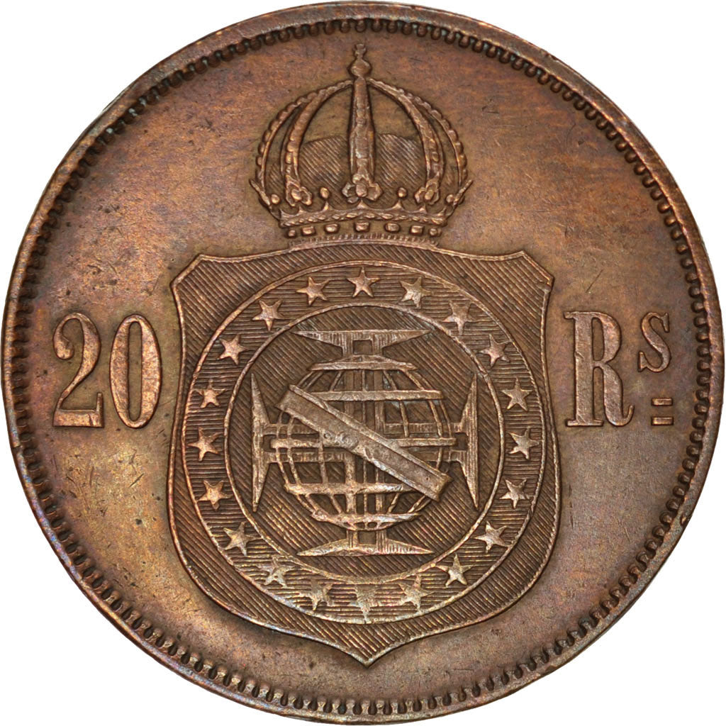 BRAZIL, 20 Reis, 1870, KM #474, AU(50-53), Bronze, 25.39, 6.85