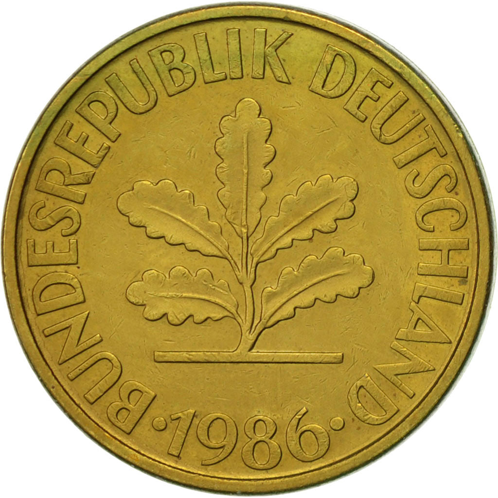 Coin, GERMANY - FEDERAL REPUBLIC, 10 Pfennig, 1986, Stuttgart, AU(50-53), Brass