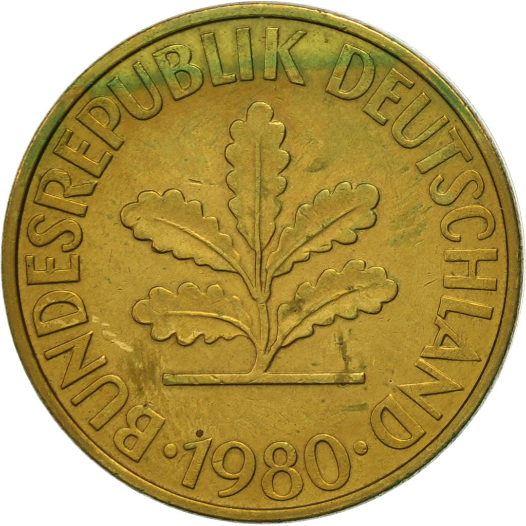 Coin, GERMANY - FEDERAL REPUBLIC, 10 Pfennig, 1980, Stuttgart, AU(50-53), Brass