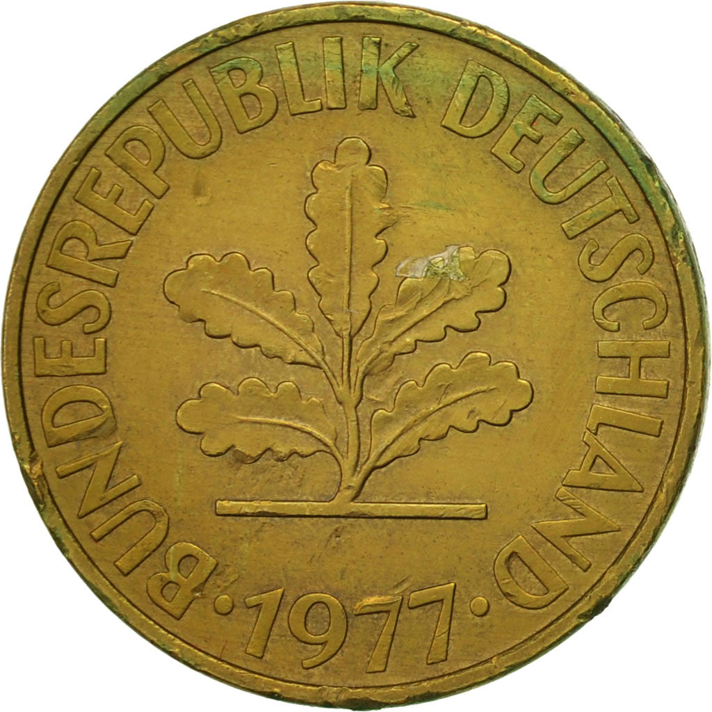 Coin, GERMANY - FEDERAL REPUBLIC, 10 Pfennig, 1977, Stuttgart, AU(50-53), Brass