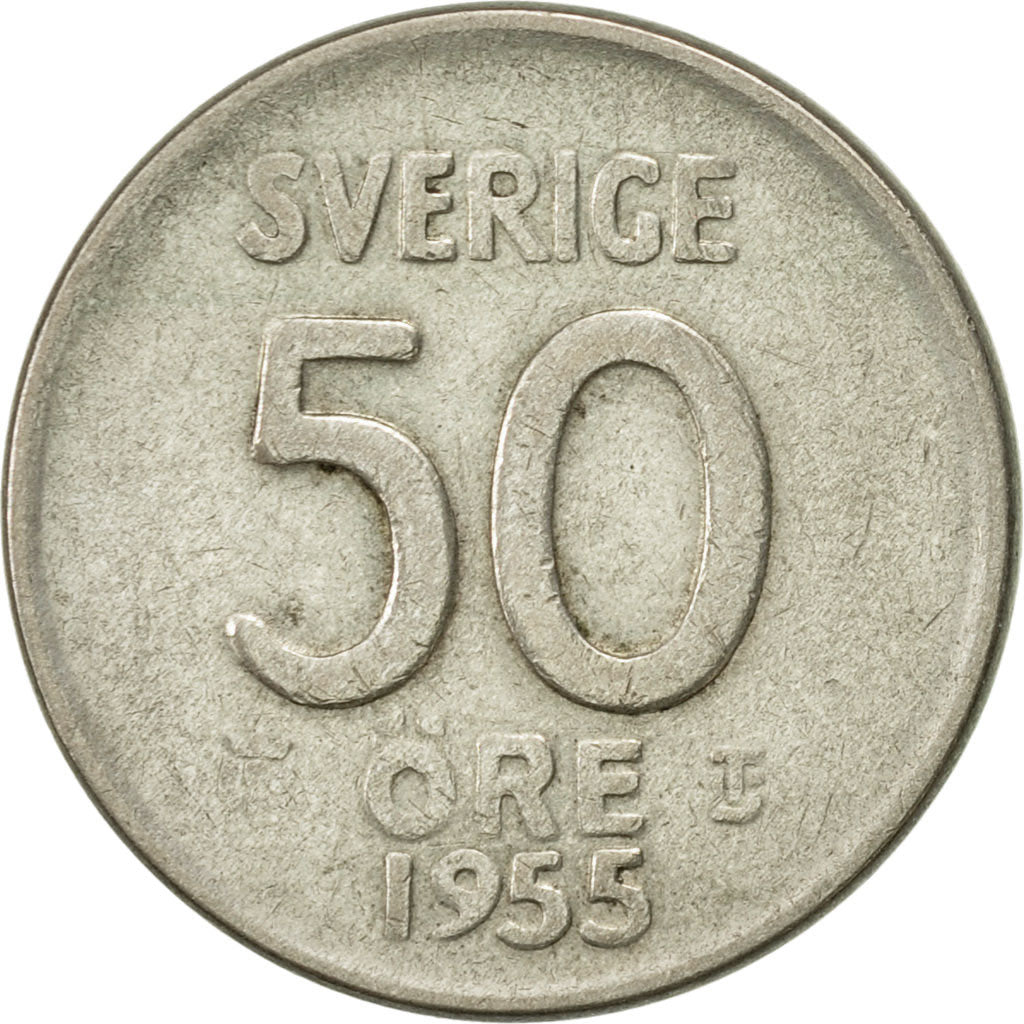 Coin, Sweden, Gustaf VI, 50 Öre, 1955, AU(50-53), Silver, KM:825