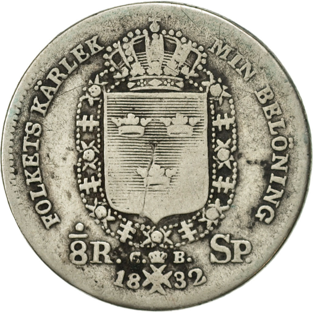 Sweden, Carl XIV Johan, 1/8 Riksdaler, 1832, VF(20-25), Silver, KM:626