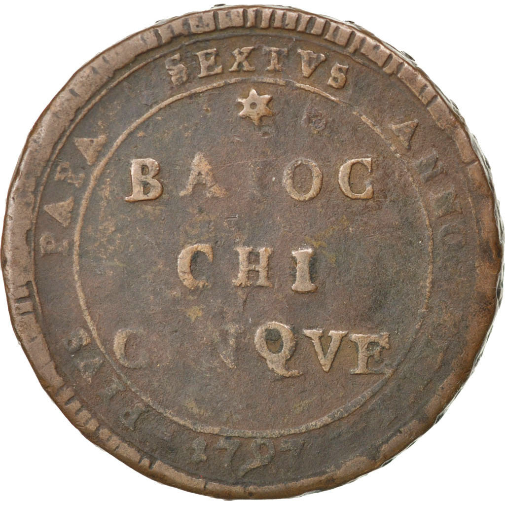 Moneda, Estados italianos, PAPAL STATES-FANO, 5 Baiocchi, 1797, BC+, Cobre, KM:2