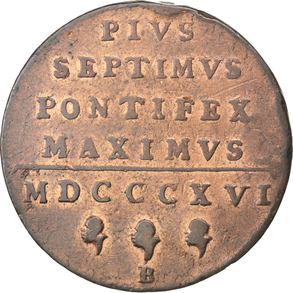 ITALIAN STATES, Baiocco, 1816, Bologna, KM #1279, EF(40-45), Copper, 33, 11.70