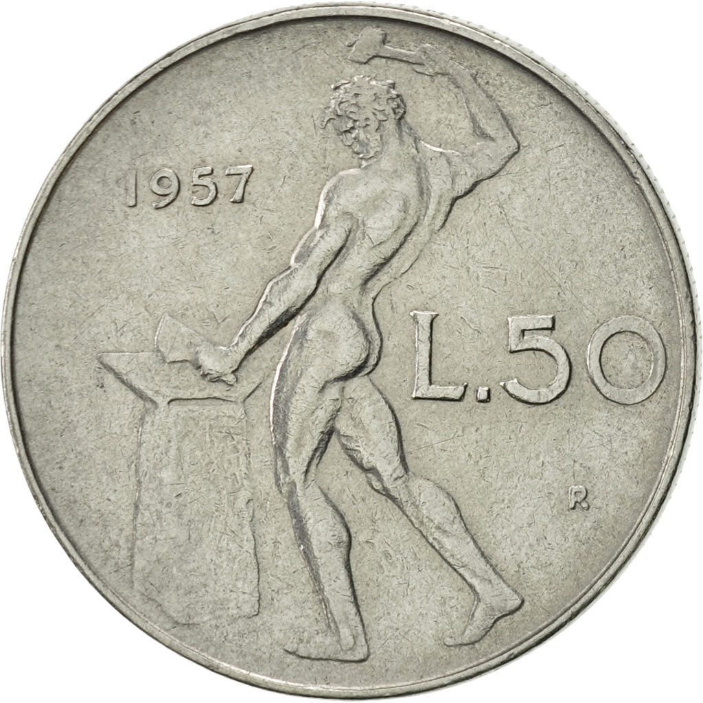 Italy, 50 Lire, 1957, Rome, AU(55-58), Stainless Steel, KM:95.1