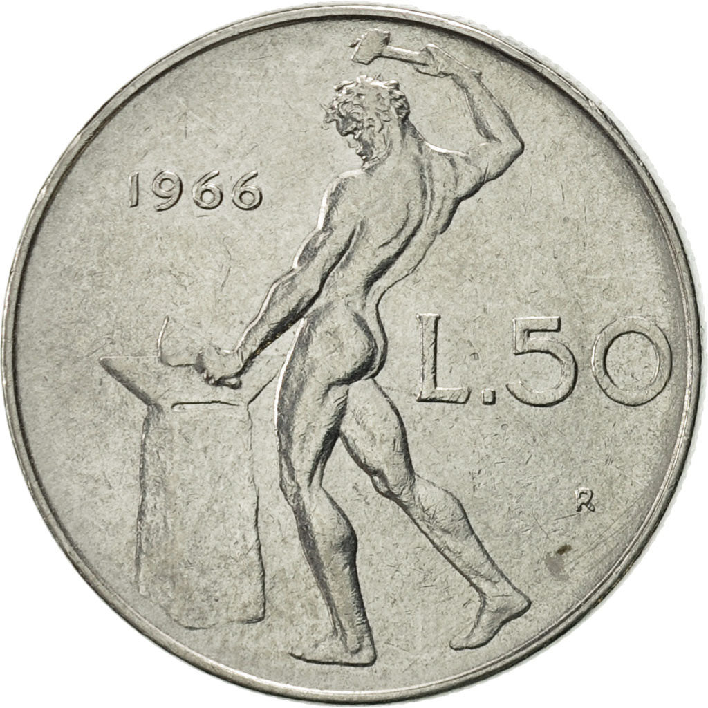 Coin, Italy, 50 Lire, 1966, Rome, AU(55-58), Stainless Steel, KM:95.1