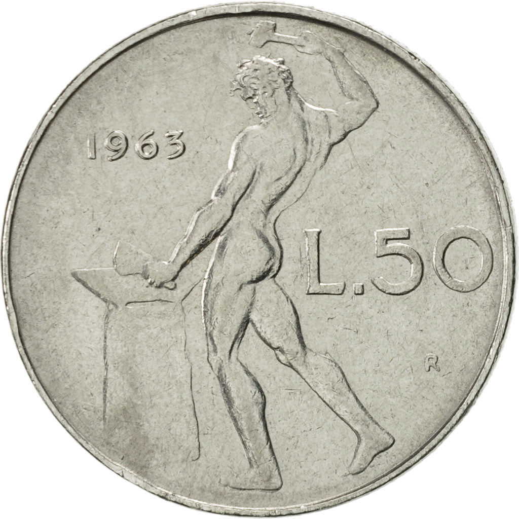 Coin, Italy, 50 Lire, 1963, Rome, AU(55-58), Stainless Steel, KM:95.1