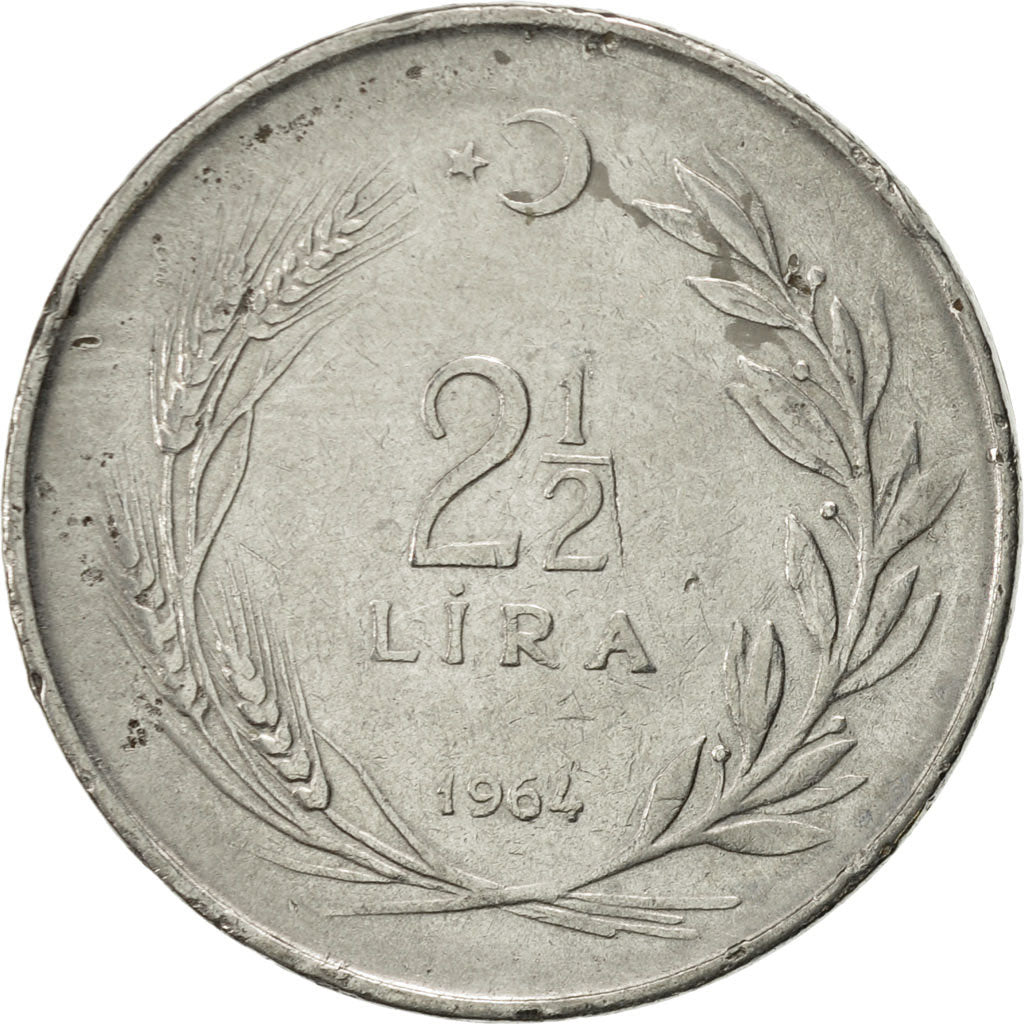Moneda, Turquía, 2-1/2 Lira, 1964, MBC+, Acero inoxidable, KM:893.1
