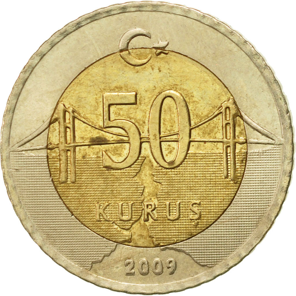 Moneta, Turchia, 50 Kurus, 2009, BB+, Bi-metallico, KM:1243