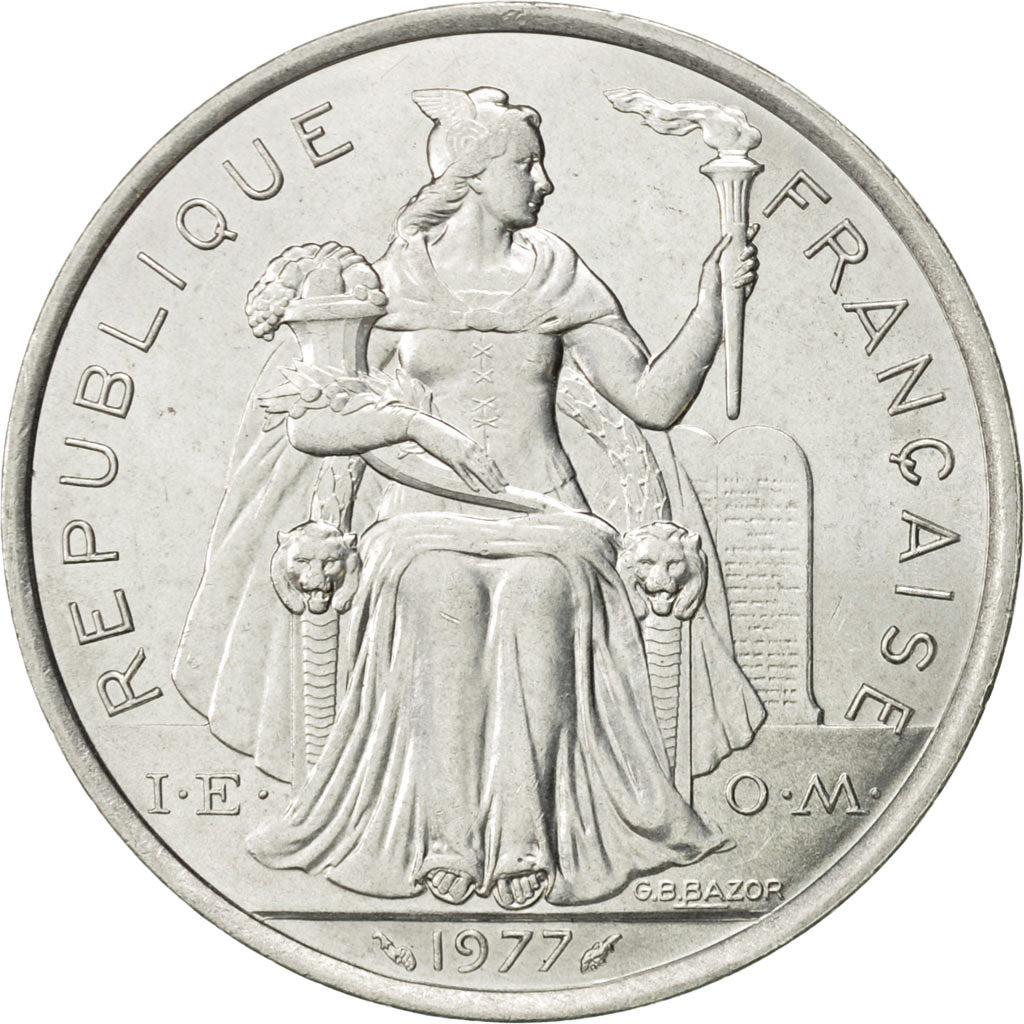 Coin, French Polynesia, 5 Francs, 1977, Paris, MS(60-62), Aluminum, KM:12