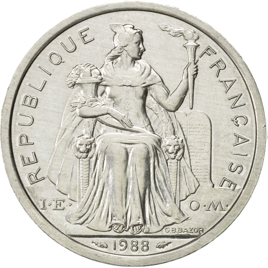 French Polynesia, 2 Francs, 1988, Paris, MS(60-62), Aluminum, KM:10