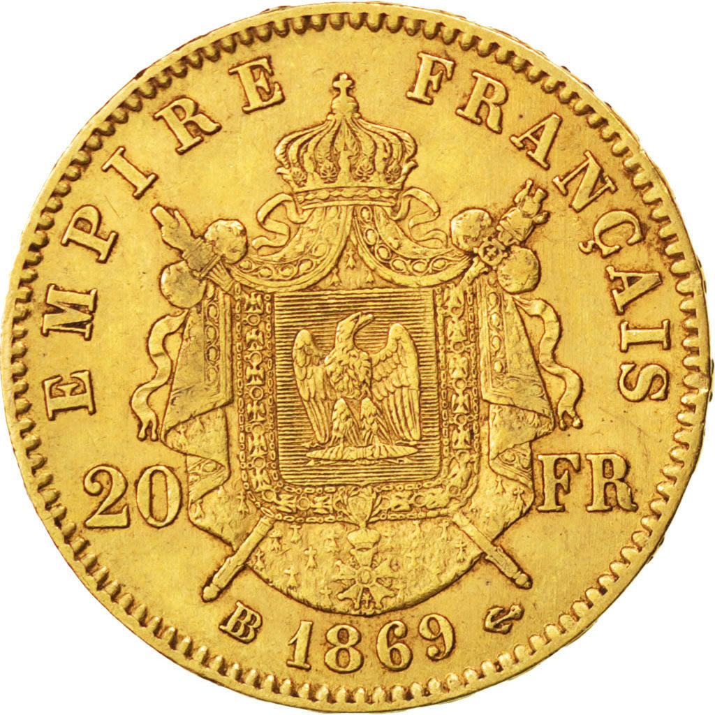 FRANCE, Napoléon III, 20 Francs, 1869, Strasbourg, KM #801.2, AU(55-58), Gold, G