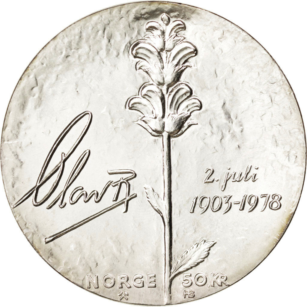 NORWAY, 50 Kroner, 1978, KM #424, MS(63), Silver, 27.03