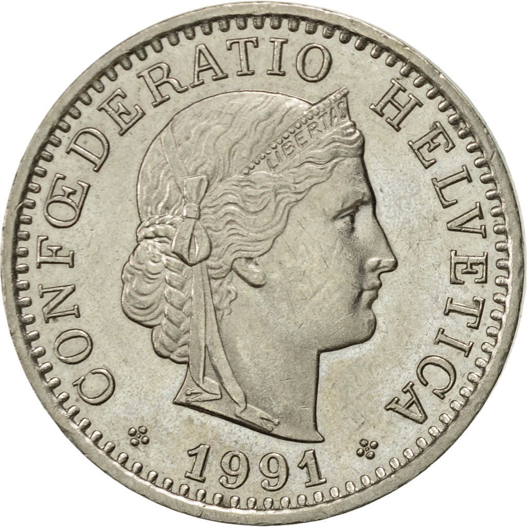 Coin, Switzerland, 20 Rappen, 1991, Bern, AU(55-58), Copper-nickel, KM:29a