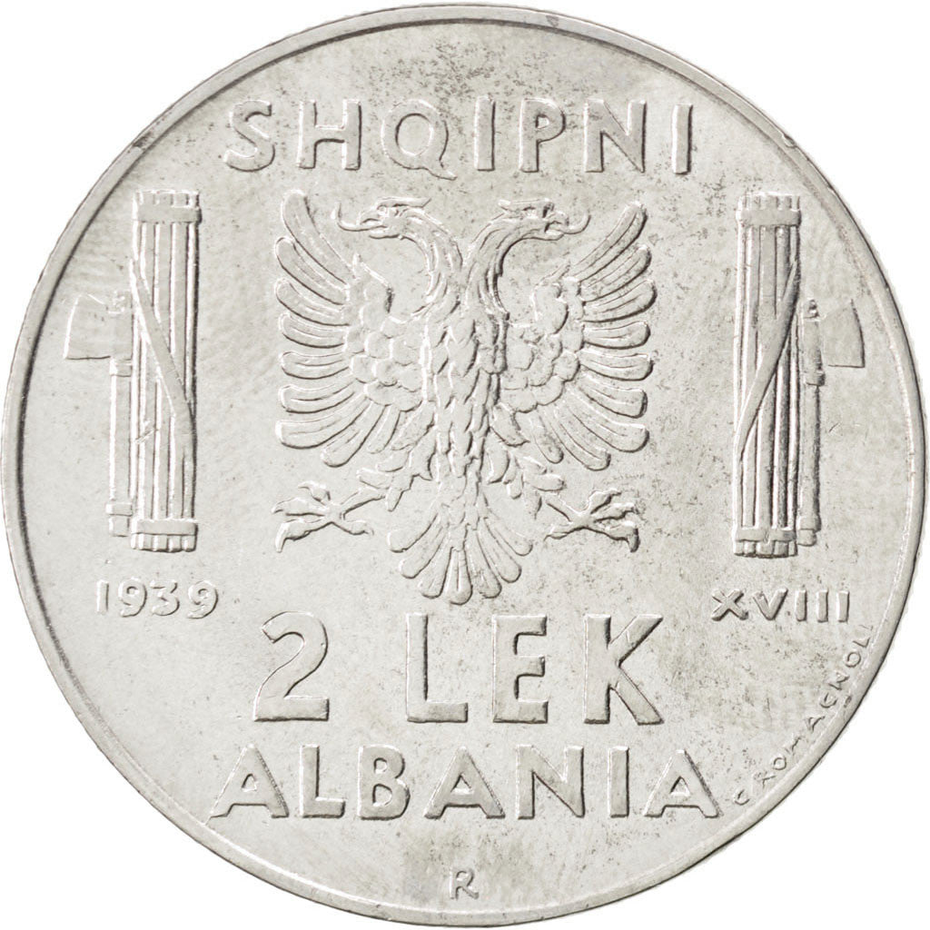 Albania, Vittorio Emanuele III, 2 Lek, 1939, Rome, SPL-, Acciaio inossidabile...