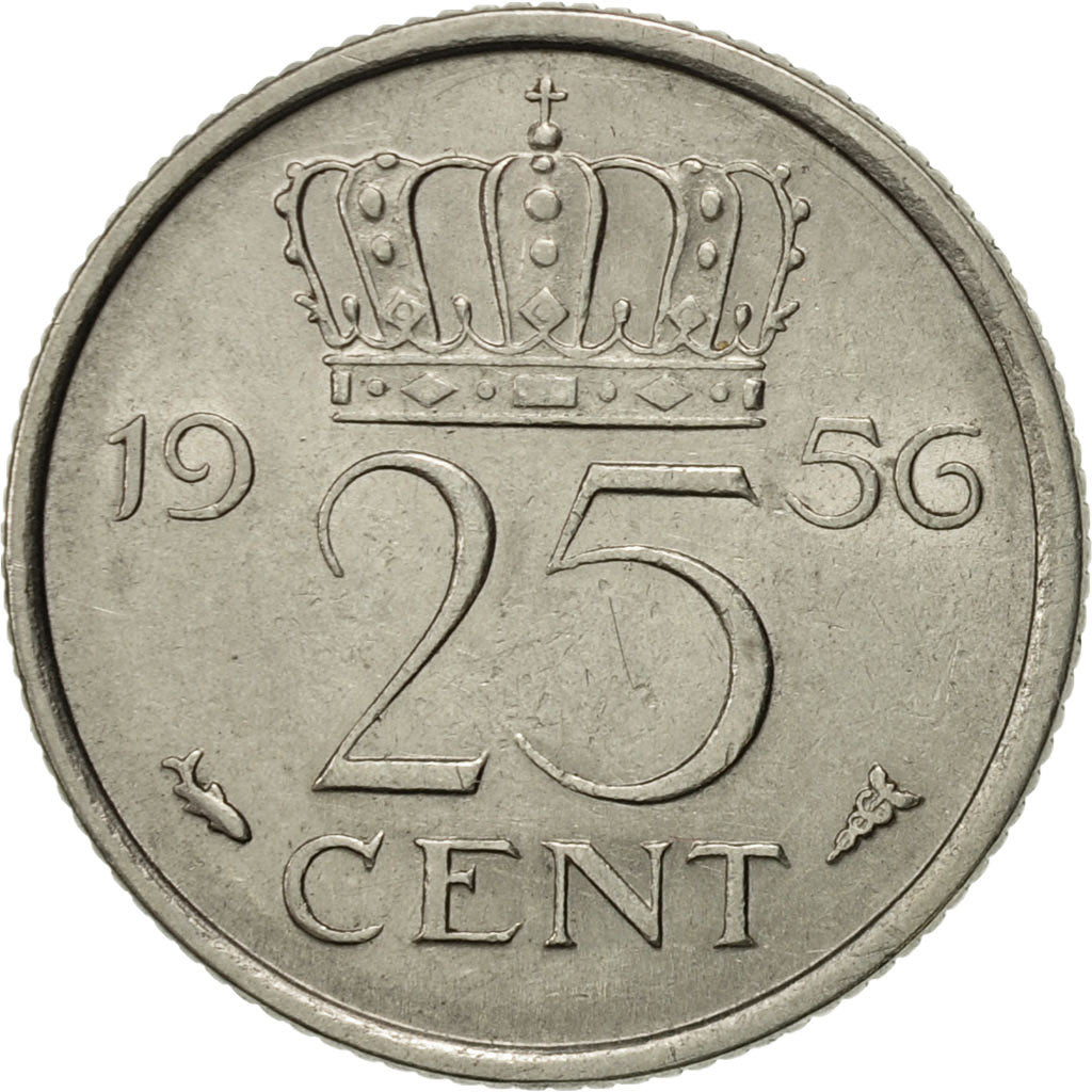 Coin, Netherlands, Juliana, 25 Cents, 1956, AU(55-58), Nickel, KM:183