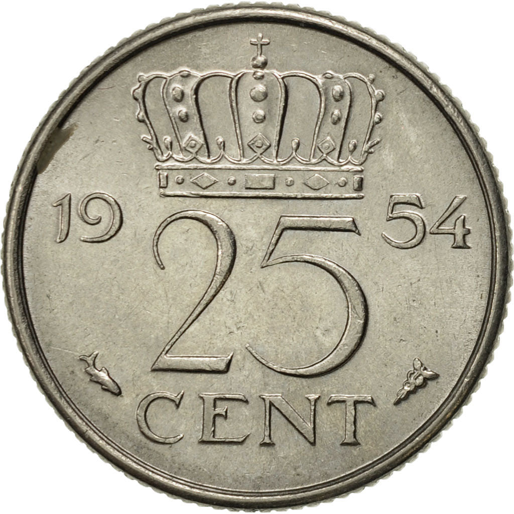 Coin, Netherlands, Juliana, 25 Cents, 1954, AU(55-58), Nickel, KM:183