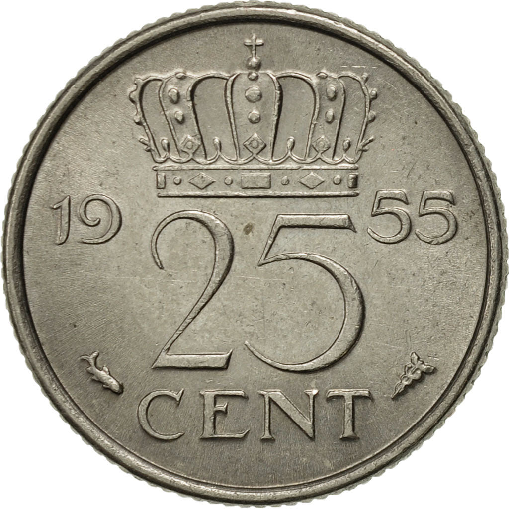 Coin, Netherlands, Juliana, 25 Cents, 1955, AU(55-58), Nickel, KM:183