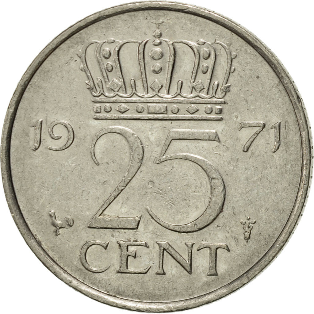 Coin, Netherlands, Juliana, 25 Cents, 1971, AU(55-58), Nickel, KM:183