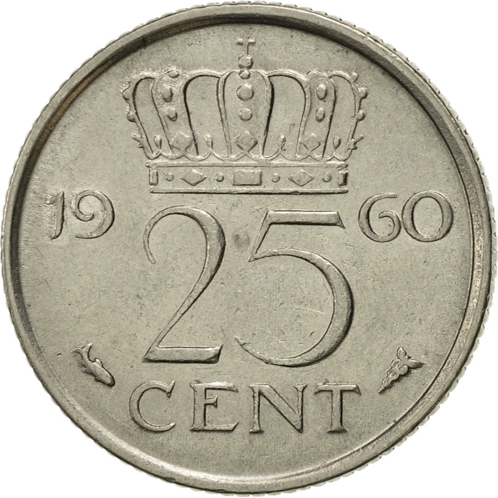 Coin, Netherlands, Juliana, 25 Cents, 1960, AU(55-58), Nickel, KM:183