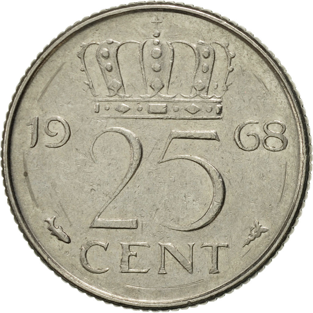 Coin, Netherlands, Juliana, 25 Cents, 1968, AU(55-58), Nickel, KM:183