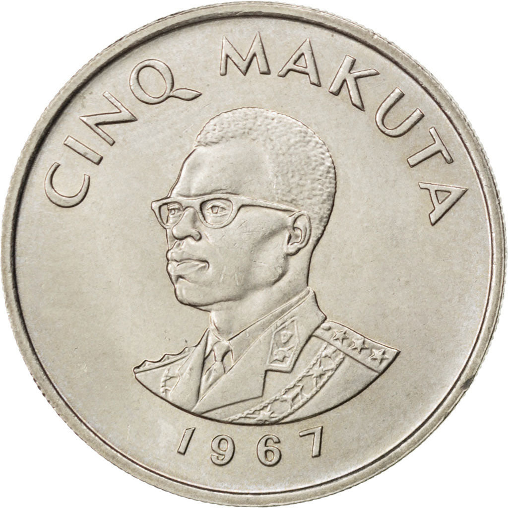 CONGO, DEMOCRATIC REPUBLIC, 5 Makuta, 1967, KM #9, AU(55-58), Copper-Nickel,...