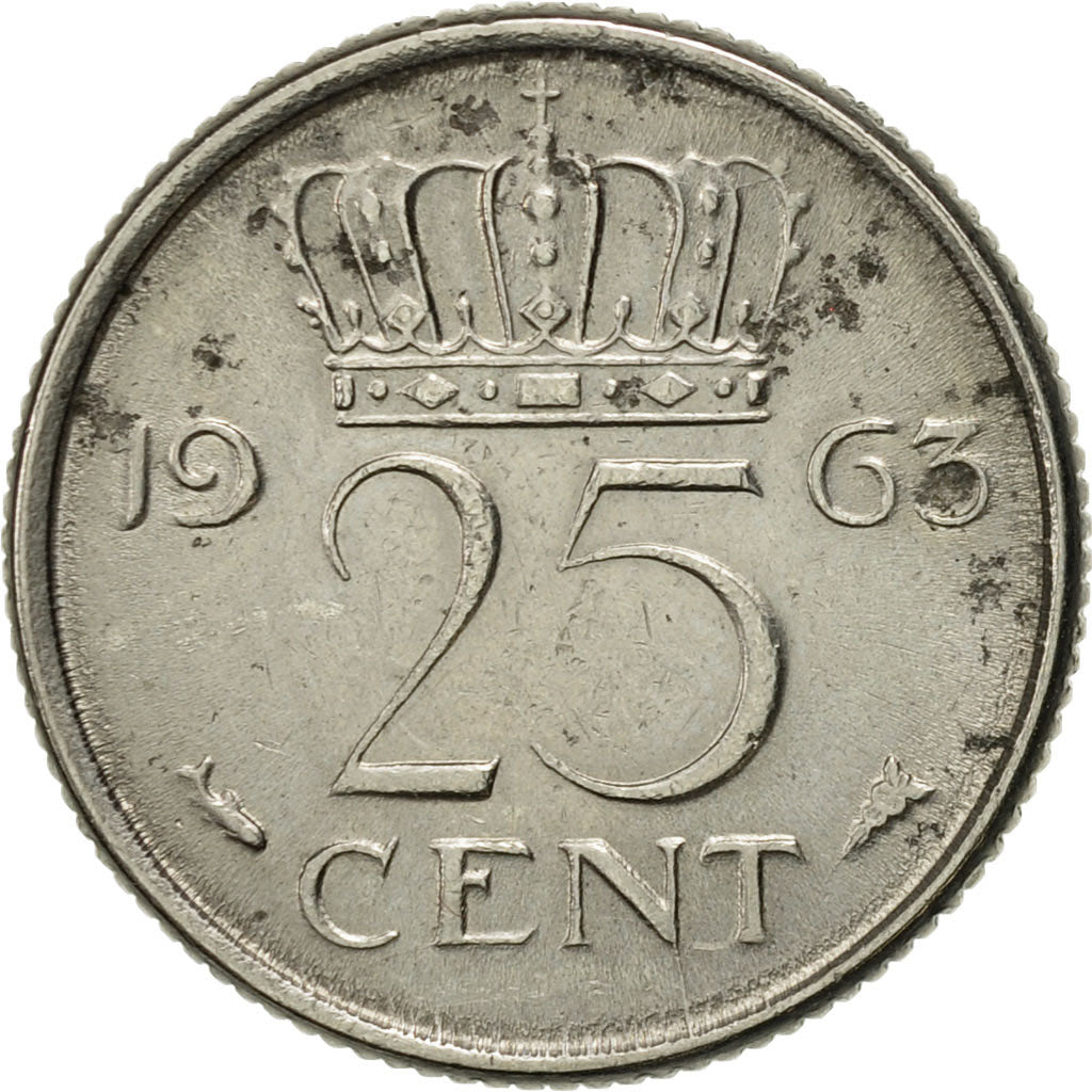 Coin, Netherlands, Juliana, 25 Cents, 1963, AU(50-53), Nickel, KM:183