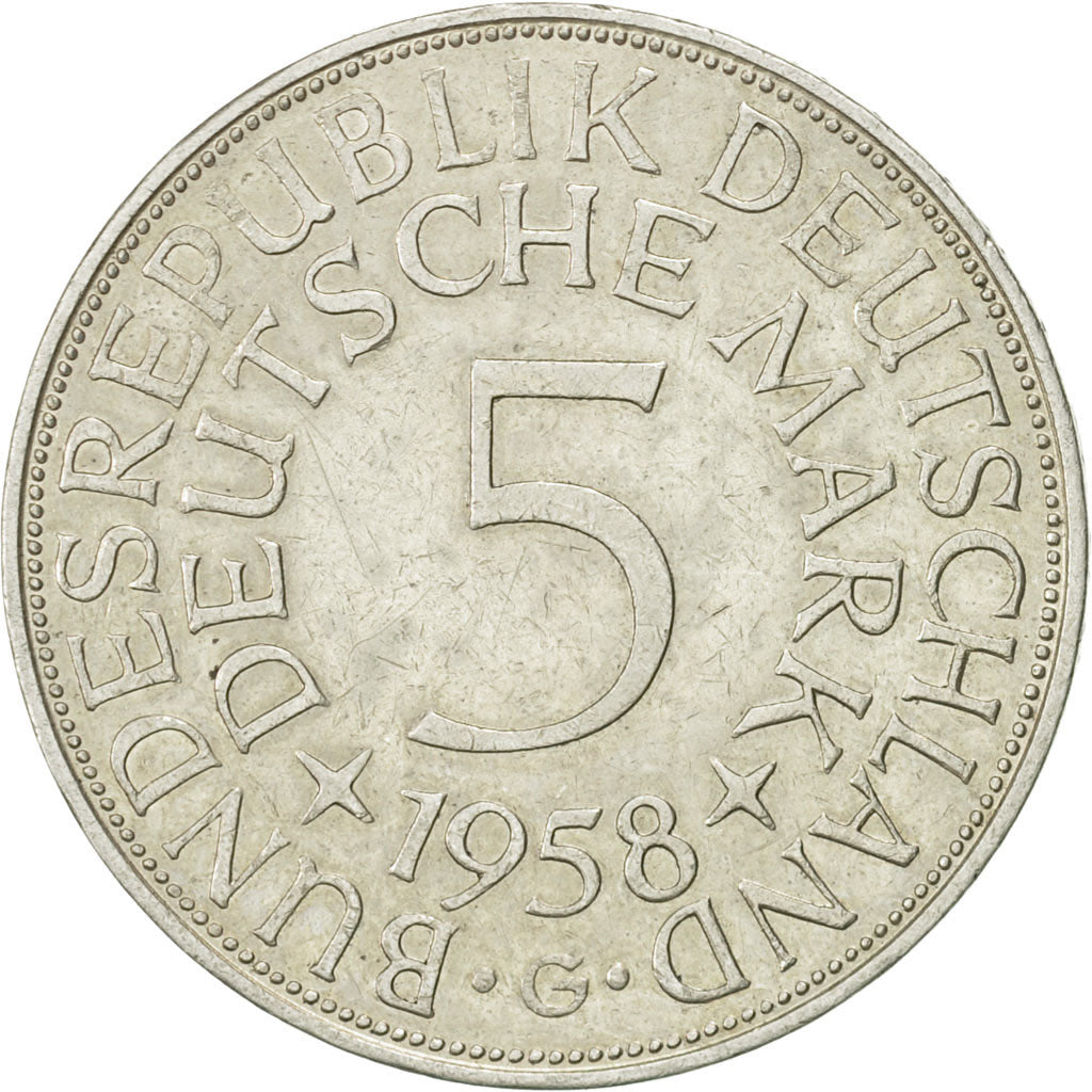 Coin, GERMANY - FEDERAL REPUBLIC, 5 Mark, 1958, Karlsruhe, AU(50-53), Silver